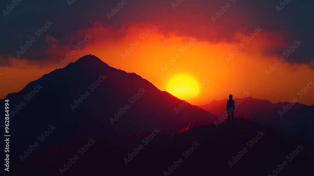Silhouetted Figure Admires a Mountain Sunset. Silhouetted Figure Admires a Mountain Sunset.