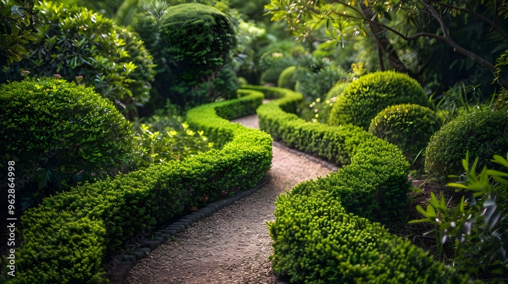 Obraz premium Serene Garden Path Winding Through Lush Green Bushes