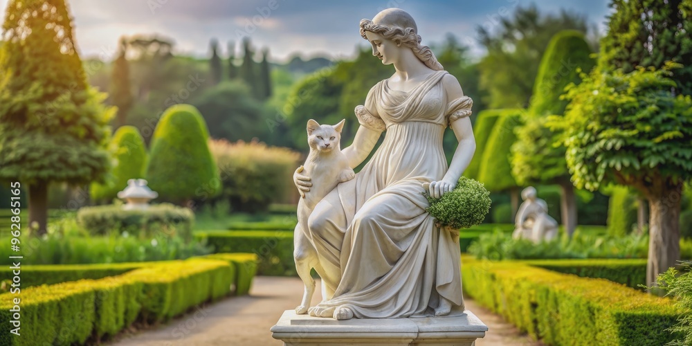 Obraz premium Marble statue of a beautiful lady and her cat in a formal garden, marble, statue, lady, cat, formal garden, sculpture, elegant