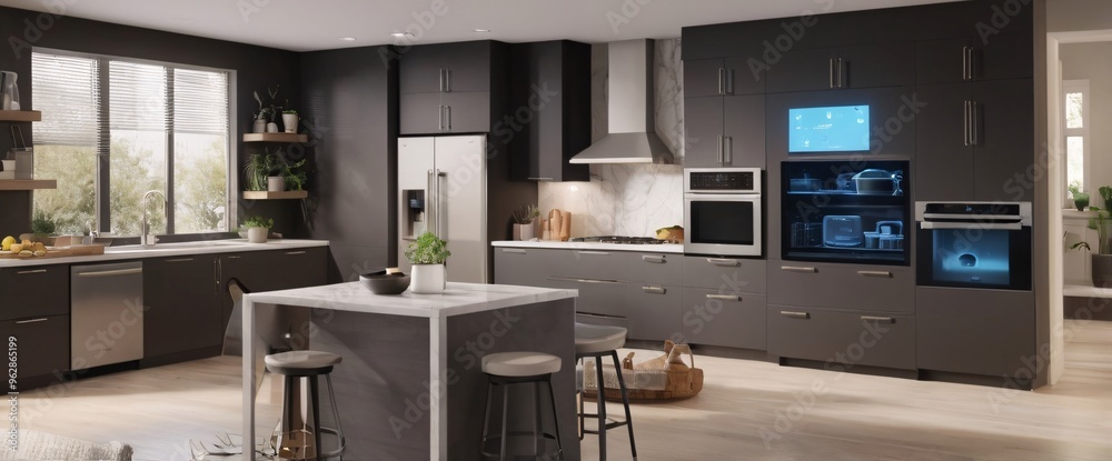 concept of the Internet of Things with an image of a smart home, featuring various connected devices and appliances, shot from a low angle with a wide-angle lens concept of the Internet of Things with an image of a smart home, featuring various connected devices and appliances, shot from a low angle with a wide-angle lens
