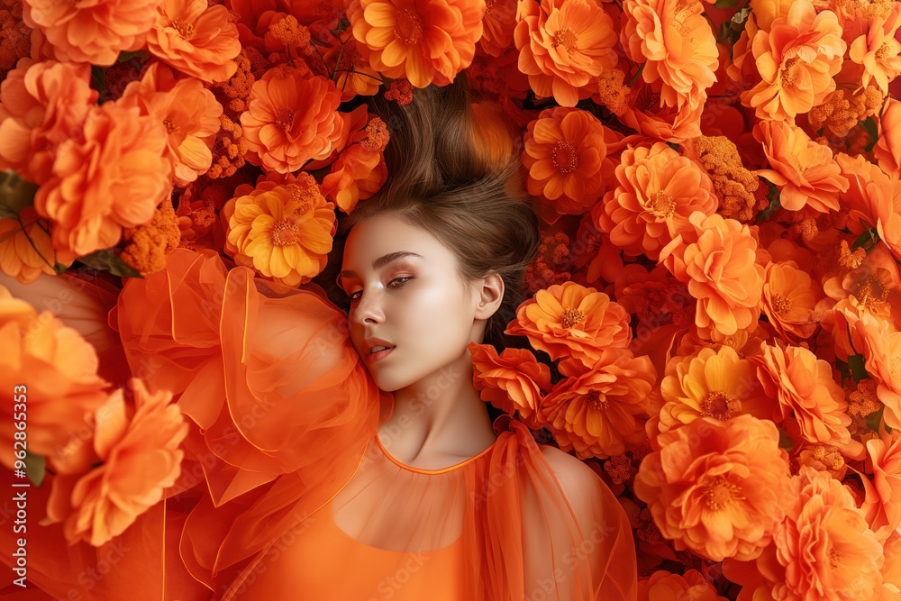 Stunning woman lies on bed of vibrant orange flowers. Wears contrasting orange dress with graceful pose. High-end fashion features parfume concept, artistic composition with sense of depth, movement. Stunning woman lies on bed of vibrant orange flowers. Wears contrasting orange dress with graceful pose. High-end fashion features parfume concept, artistic composition with sense of depth, movement.