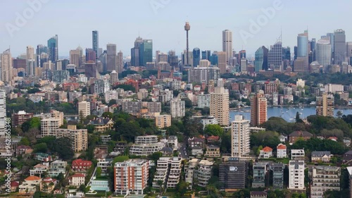 Aerial drone view of the suburb of Darling Point in East Sydney, NSW, Australia in September 2024 showing Sydney City large and prominent in the background with lens compression   photo