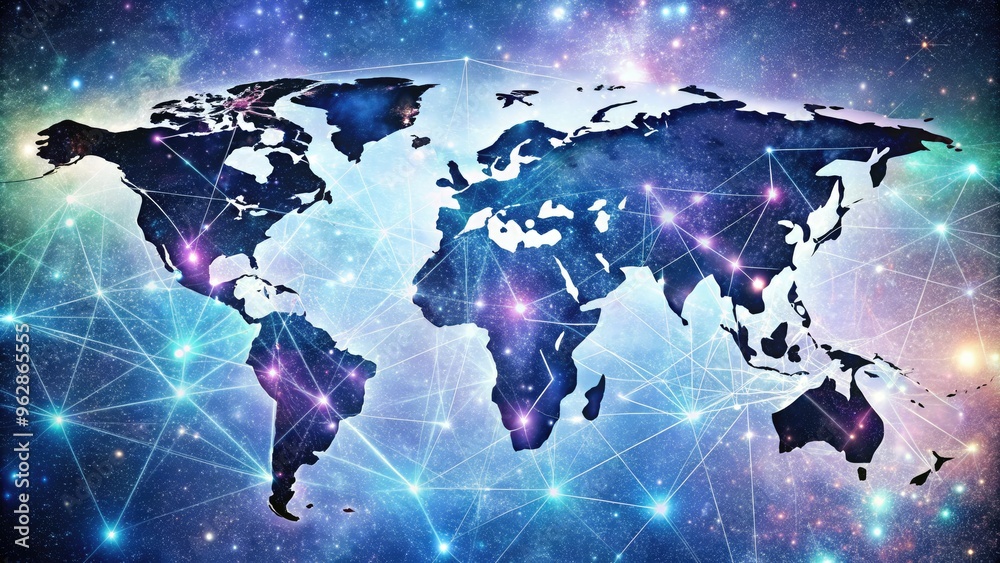 Fototapeta premium futuristic galaxy map on metallic white background with holographic neon lines, stars, and space-inspired typography