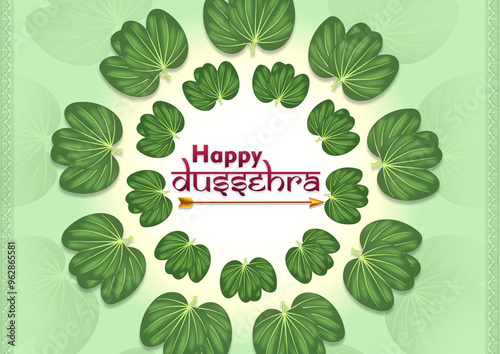 creative illustration of Happy Dussehra festival celebration greetings with seamless leaves pattern and text.