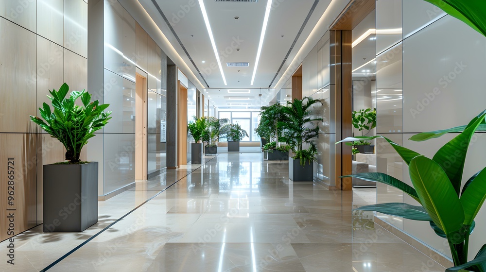 Fototapeta premium Modern Office Hallway with Plants and Marble Floor