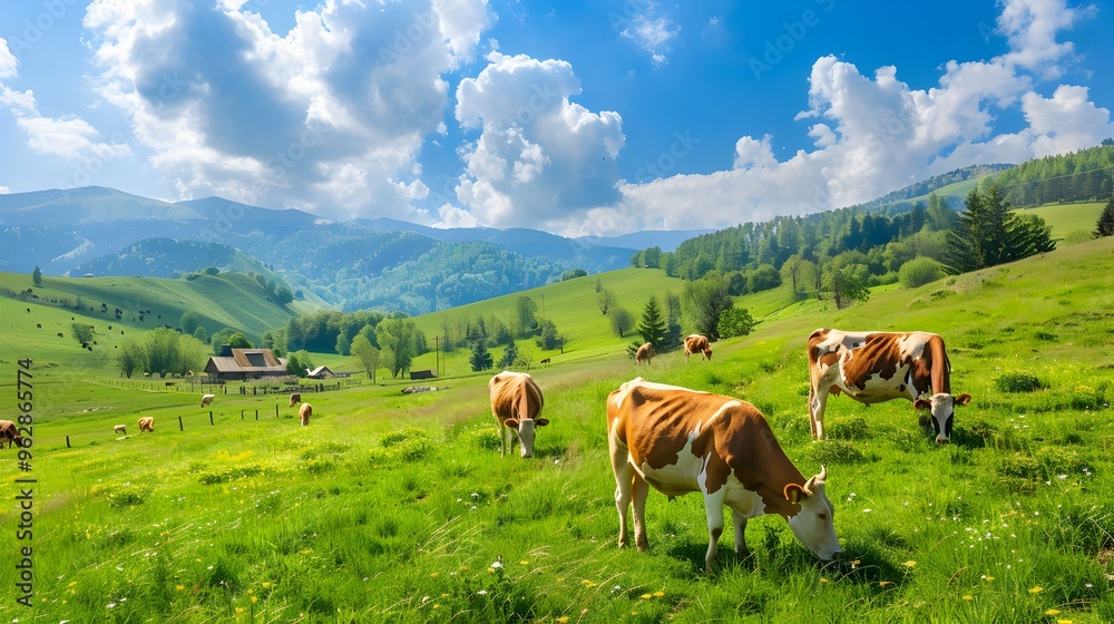 Cows Grazing in a Lush Green Meadow with Mountain Views Cows Grazing in a Lush Green Meadow with Mountain Views