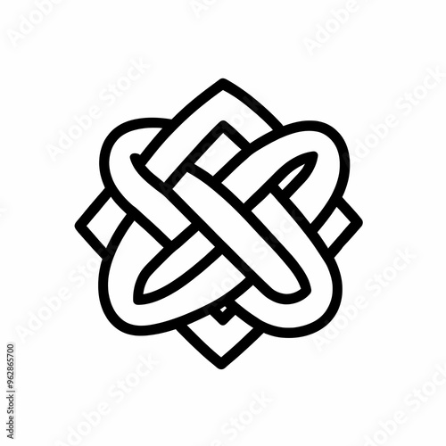 A black and white abstract geometric design of interlocked loops in a square frame.