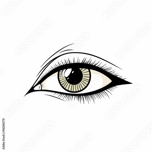 A detailed line drawing of a human eye with long eyelashes.