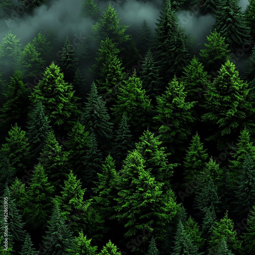 A serene forest scene featuring lush green trees surrounded by soft mist, perfect for capturing nature's tranquility.