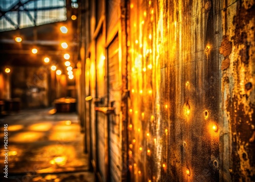 Rustic industrial texture with distressed metal, warm golden light, and subtle blur emphasizing decay and nostalgia