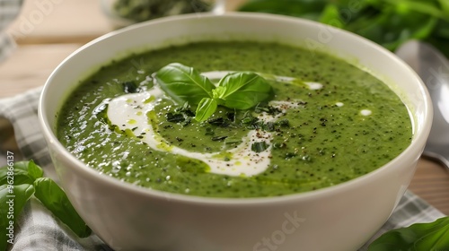 Creamy Green Soup with Fresh Basil Garnish