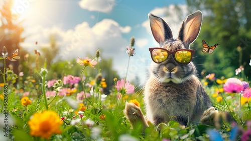 Cool Bunny in a Field of Flowers