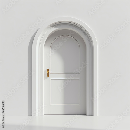 A white arched door with a gold handle, set against a white wall. Sunlight casts a shadow across the door.