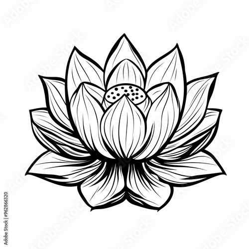 A hand-drawn black and white illustration of a lotus flower with detailed petals and a central seed pod.