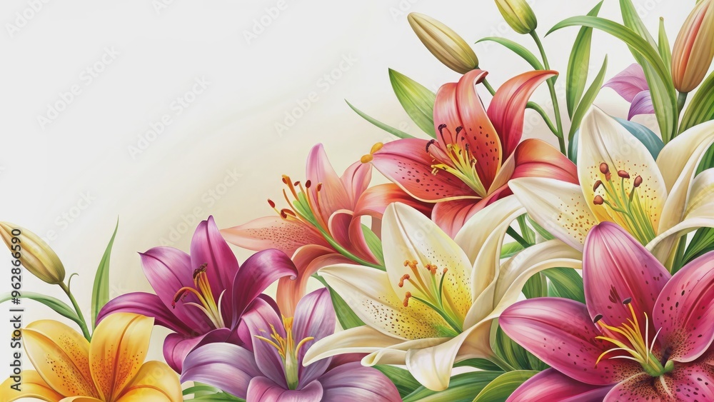 Artistically illustrated lilies in vibrant colors on a white background, lilies, flowers, artistic,vibrant, colorful Artistically illustrated lilies in vibrant colors on a white background, lilies, flowers, artistic,vibrant, colorful