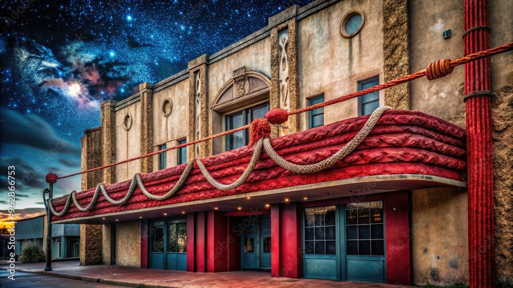 Fototapeta premium Crimson rope dancing across the facade of a vintage movie theatre with distressed paint and vintage signage under a starry night sky.
