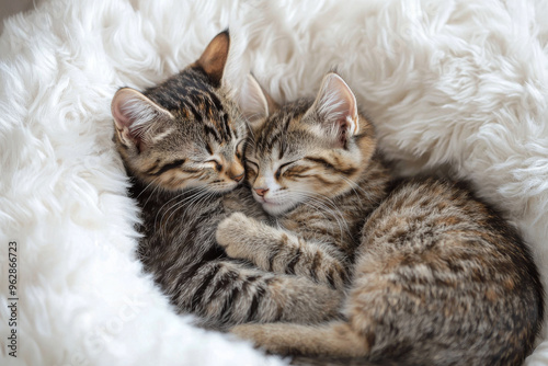 Two adorable kittens snuggle together in a fluffy, cozy environment, showcasing their warmth and companionship.