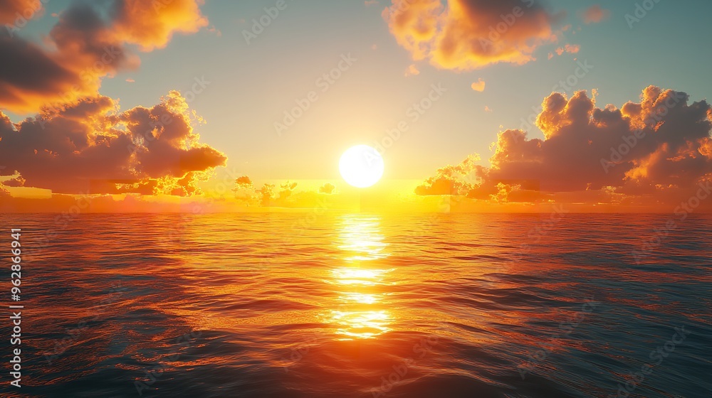 Sunset Over Calm Ocean with Clouds Reflecting in the Water Sunset Over Calm Ocean with Clouds Reflecting in the Water