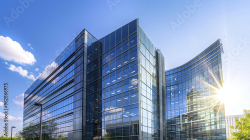 Ecofriendly glass office building designed for sustainability and reducing carbon footprint