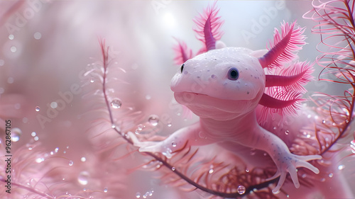Cute pink axolotl swimming in pink water. Cute reptile, generation ai