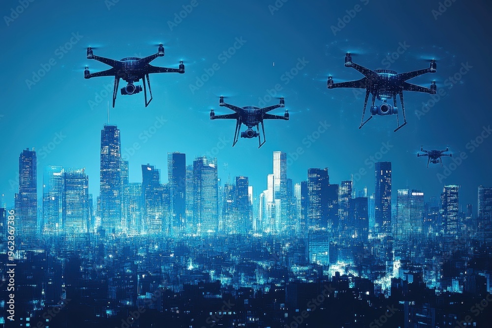 A futuristic cityscape with AI-driven drones flying through the air, symbolizing AI's impact on urban life and infrastructure A futuristic cityscape with AI-driven drones flying through the air, symbolizing AI's impact on urban life and infrastructure