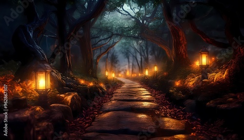 A spooky forest path lit by flickering lanterns photo