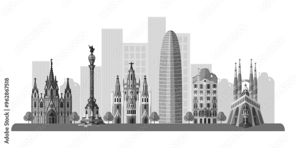 Naklejka premium Barcelona landmarks and cityscape. Spain capital skyline background for postcard, banner, poster. Spanish world famous architectural sightseeing. Graphic flat vector illustration in white-gray colors.