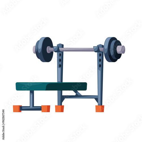 Bench with barbell icon. Gym equipment for workout. Training accessories for sport club or home exercises. Bodybuilding, weightlifting. Isolated flat vector illustration.