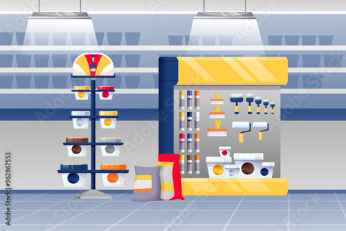 Hardware shop interior design display elements. Stand with paints, paint brushes, rollers, sprays, boxes or buckets vector illustration. Tools and materials assortment for renovation.