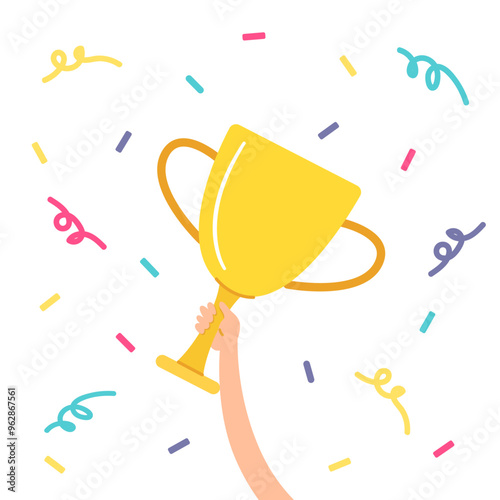 Golden cup icon with confetti background. Gold trophy sign. Hand holds winner award. Champion prize of win in sport game or tournament. Flat vector illustration isolated on transparent.
