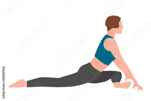 Woman yoga pose vector illustration. Female person practicing sport yoga. Girl in asana. Meditation, relaxation. Healthy living. Sports club, fitness exercises banner, poster.