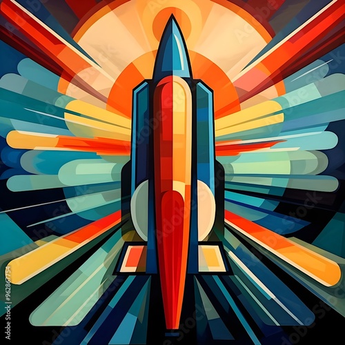 FUTURIST PAINTING OF A COLORED ROCKET photo