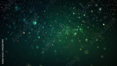 Dark green abstract background with a bokeh circle and shiny stars. New year, birthday, holidays celebration.