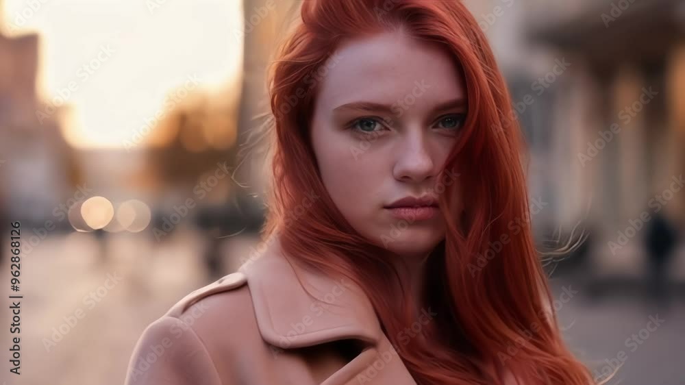 Close-Up Portrait of a Young Woman with Red Hair, Captivating Expression in Urban Outdoor Setting with Wind-Swept Hair and Natural Light Close-Up Portrait of a Young Woman with Red Hair, Captivating Expression in Urban Outdoor Setting with Wind-Swept Hair and Natural Light