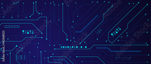 Technology connected blue lines with electronics elements on tech bg, Abstract AI circuit board background. Glowing light blue neon AI chip with thin circuit contact lines