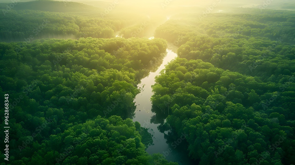 Aerial View of a River Winding Through a Lush Forest Aerial View of a River Winding Through a Lush Forest