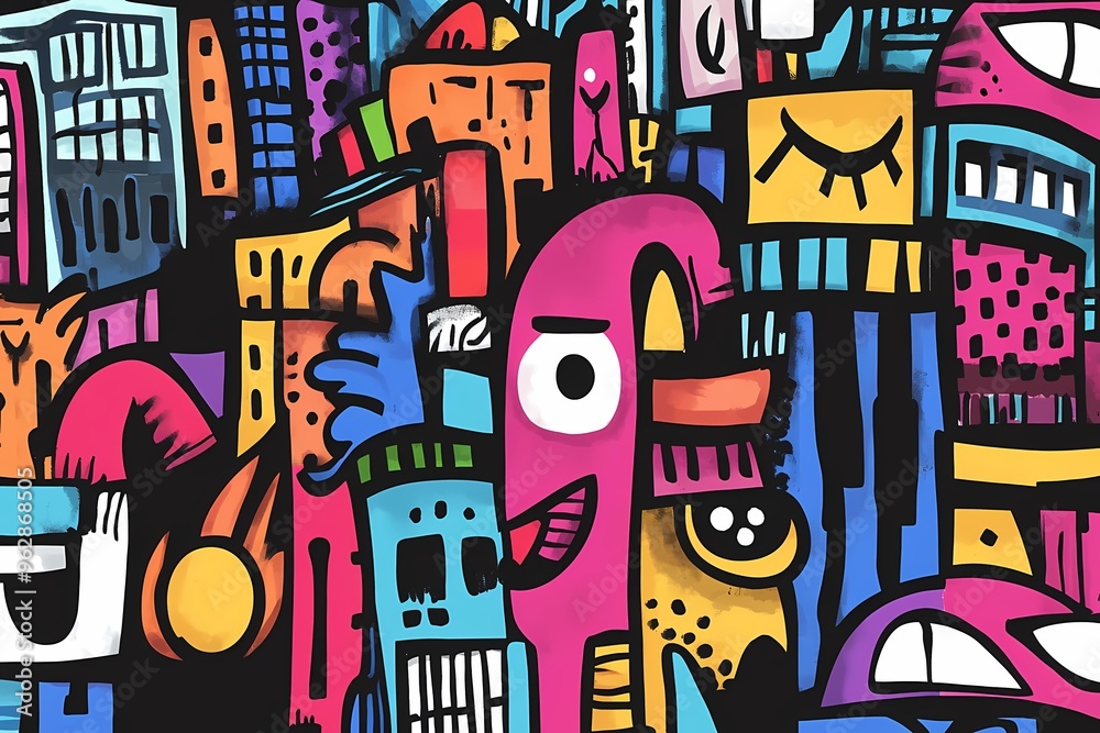Obraz premium Abstract colorful doodle art with geometric shapes and figures.