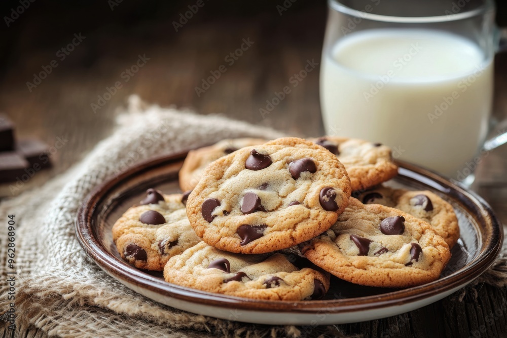 A plate of freshly baked homemade cookies, golden brown with melted chocolate chips, sitting on a rustic wooden table with a glass of milk beside them-gigapixel A plate of freshly baked homemade cookies, golden brown with melted chocolate chips, sitting on a rustic wooden table with a glass of milk beside them-gigapixel