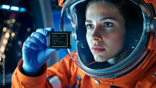 Astronaut Examines Computer Chip photo