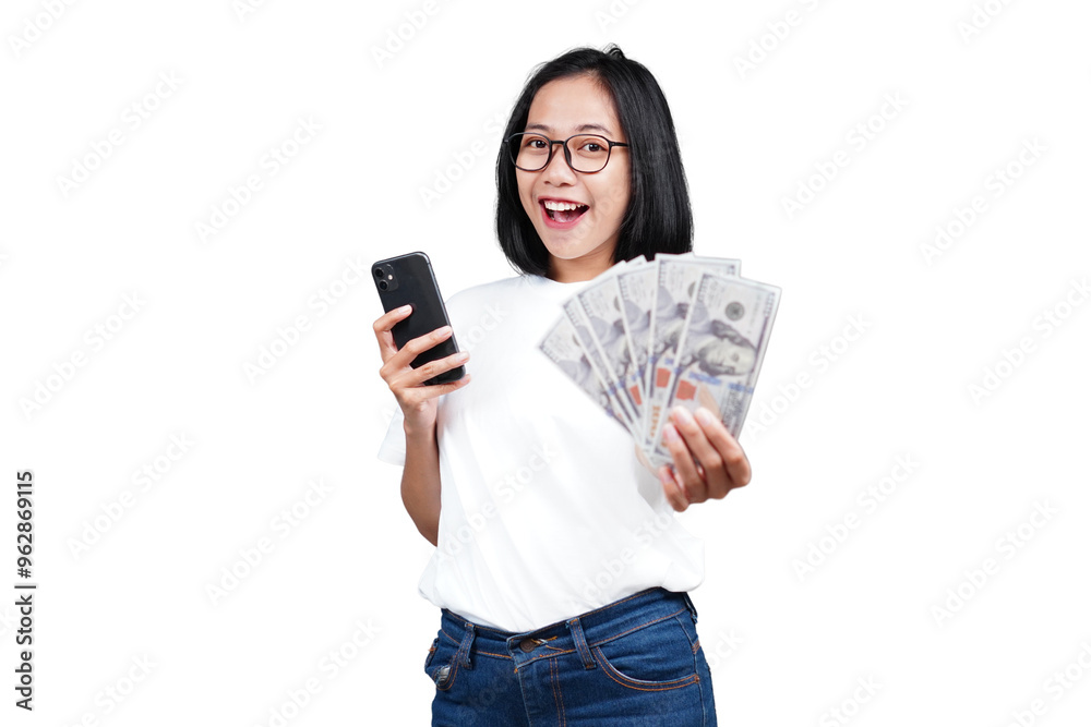 A smiling asian woman with money and smartphone isolated transparent A smiling asian woman with money and smartphone isolated transparent