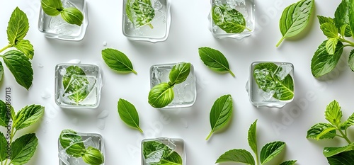 Wallpaper Mural Fresh mint leaves frozen in ice cubes, arranged in a repeating pattern on a white background. A refreshing and visually appealing image. Torontodigital.ca