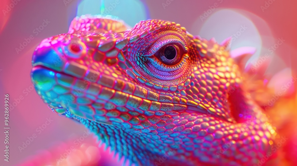 Basilisk in Neon Glam, a vibrant basilisk adorned in a dazzling sequin outfit, radiating shine and color, perfect for party invitations and editorial promotions