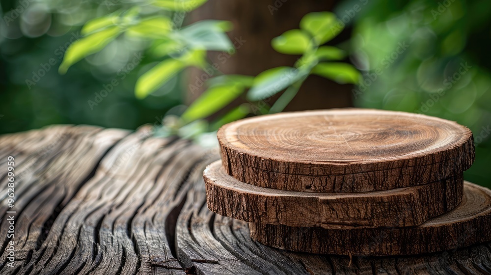 Stacked pine tree wood discs as a natural podium for products on wood board background. Stacked pine tree wood discs as a natural podium for products on wood board background.