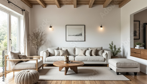 Modern living room with white sofa, wooden coffee table and beige rug photo