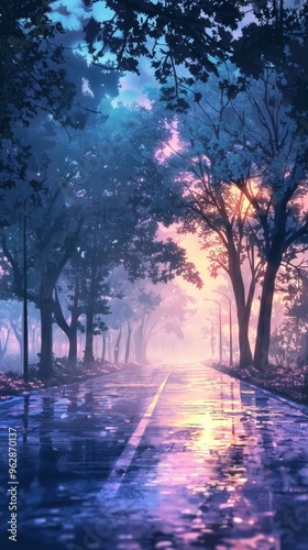 Misty Road at Sunrise Enveloped in a Dreamlike Atmosphere of Nature s Tranquility photo