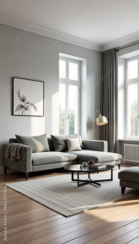 Fototapeta premium Modern Living Room with Sectional Sofa and Sunbeams