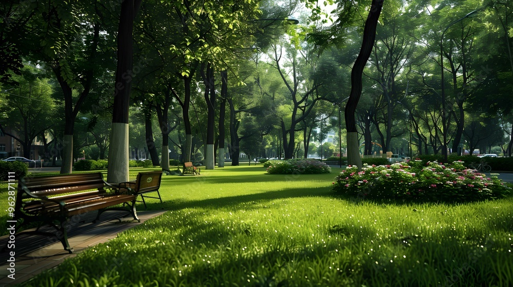 Obraz premium Serene City Park with Lush Greenery and Benches