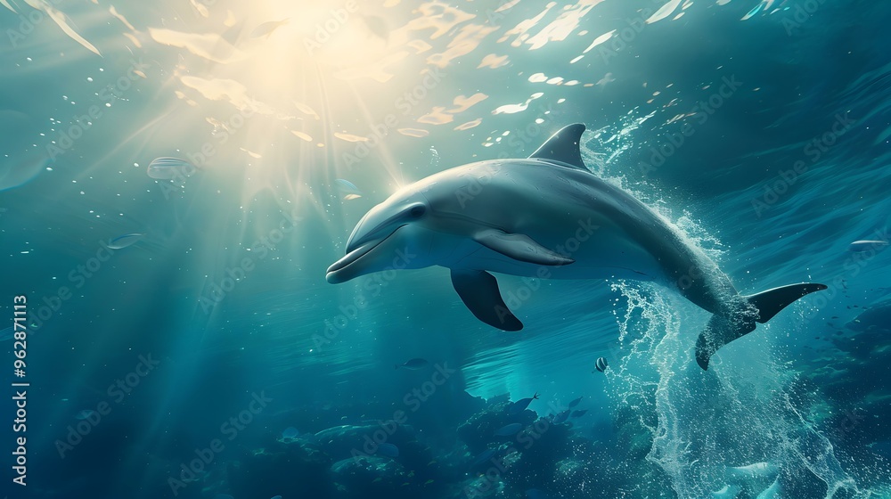 Naklejka premium Dolphin Swimming in the Ocean with Sunlight