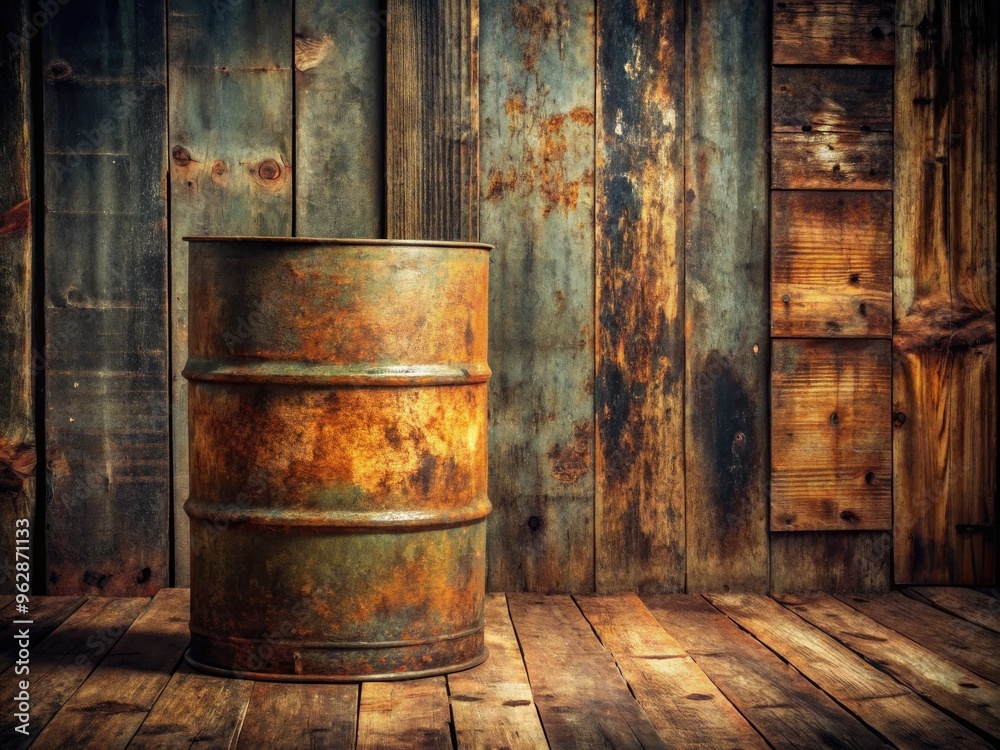 aging oil barrel isolated peeling paint worn metal rough wooden planks nostalgic vintage retro rustic style warm soft natural lighting low key mood aging oil barrel isolated peeling paint worn metal rough wooden planks nostalgic vintage retro rustic style warm soft natural lighting low key mood