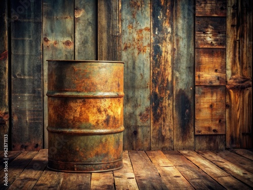 aging oil barrel isolated peeling paint worn metal rough wooden planks nostalgic vintage retro rustic style warm soft natural lighting low key mood photo